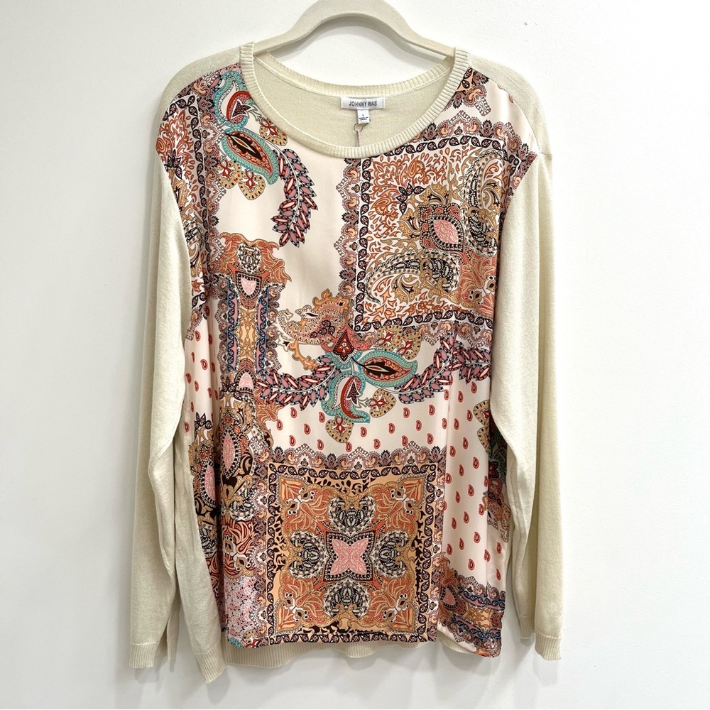 Johnny Was Boho Elodie Scarf Front Lightweight Pullover Top Silk Cashmere Large - Picture 1 of 15